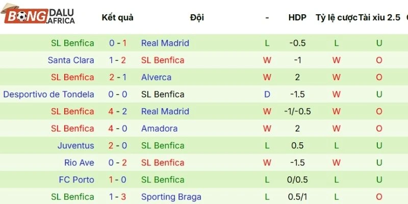 Thành tích 5 lần ra sân gần nhất của Benfica